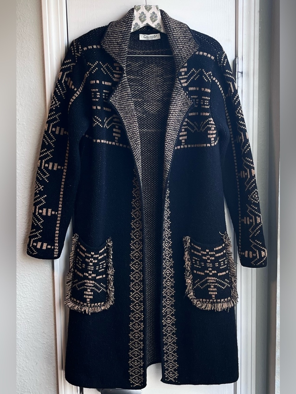 COCOGIO Italy Wool Blend Long Cardigan Coat Black Tan Size Small Southwest Boho